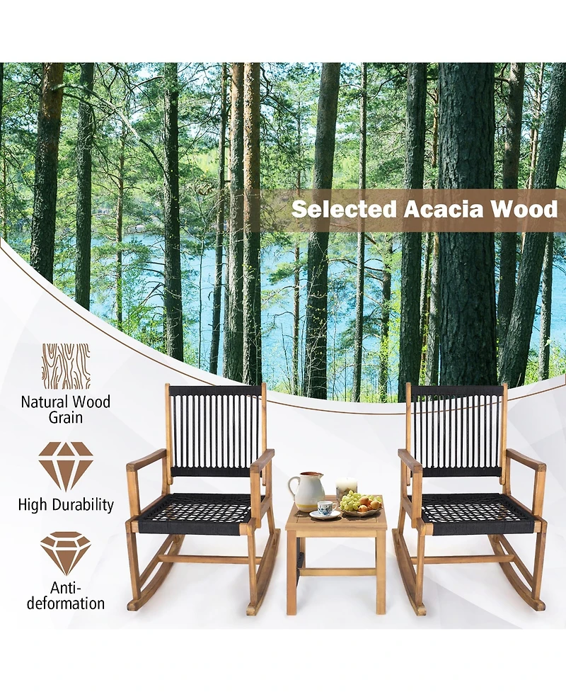 Gymax 3 Piece Acacia Wood Rocking Chair Set with Coffee Table and All-Weather Rope Patio Poolside
