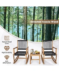 Gymax 3 Piece Acacia Wood Rocking Chair Set with Coffee Table and All-Weather Rope Patio Poolside