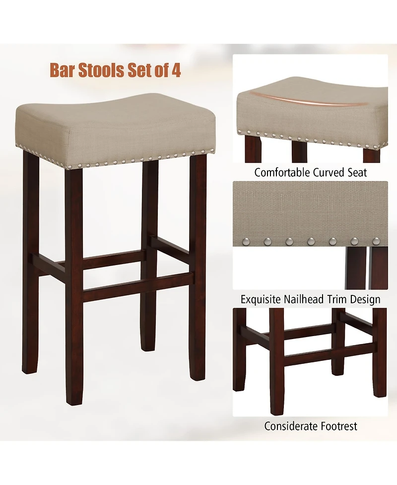 Gymax Set of 4 Bar Stools Bar Height Saddle Kitchen Chairs with Wooden Legs