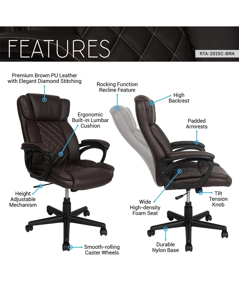 Flynama Ergonomic Executive Faux Leather Office Chair,Diamond-Stitched High Back Chair