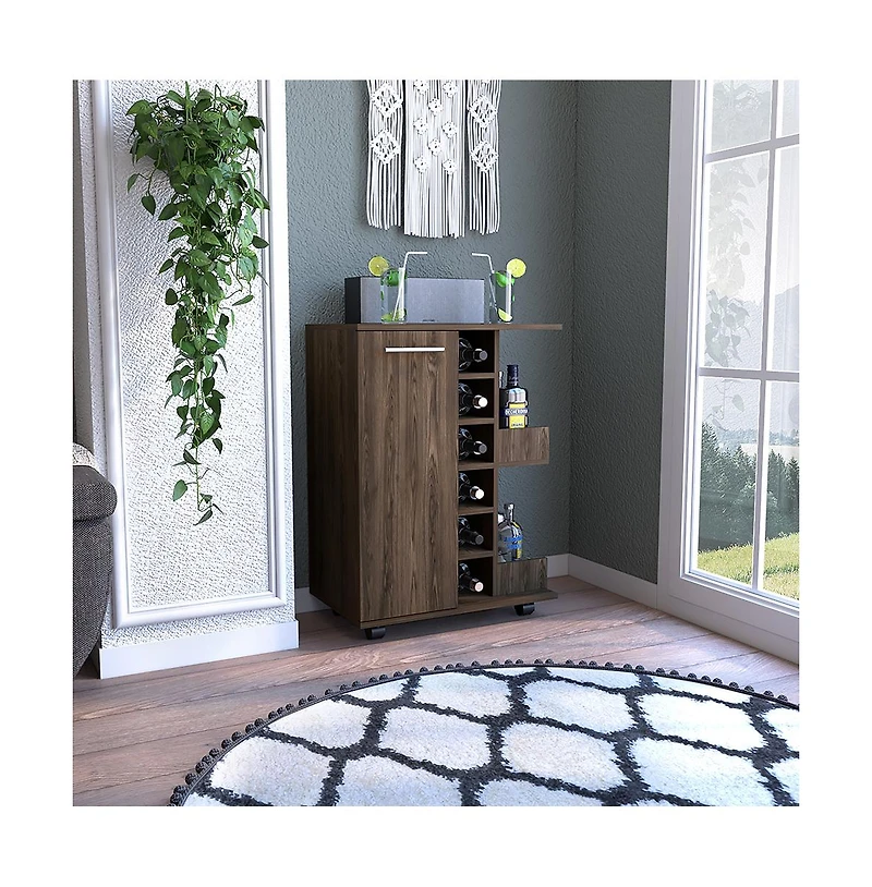 Flynama Dark Bar Cart with 4 Casters, Cabinet and 6 Bottle Cubbies