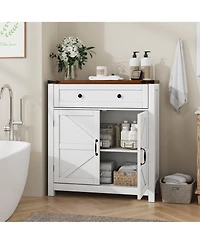 flynama White Farmhouse Coffee Bar Cabinet with Walnut Top and Drawer