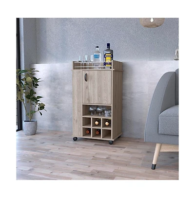 Flynama Reese Light Bar Cart with Casters, 6 Wine Cubbies and Single Door Cabinet, Rolling Serving Cart for Home Bar