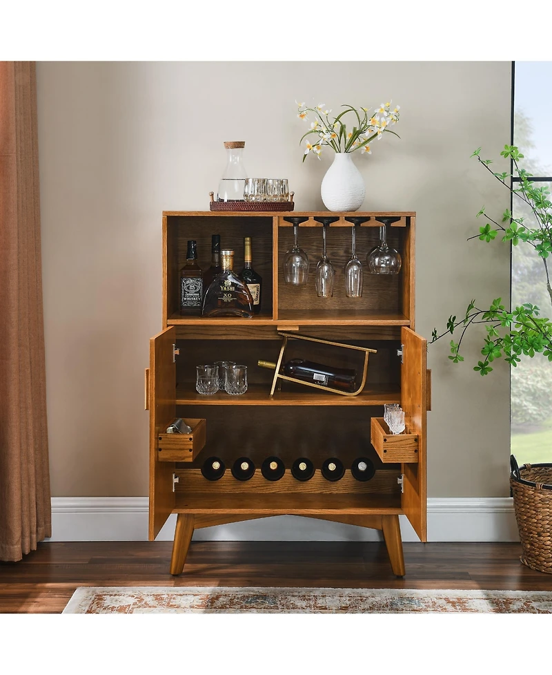 Flynama Wine Cabinet with Wine Glass Holder and Adjustable Shelf, Farmhouse Buffet Sideboard