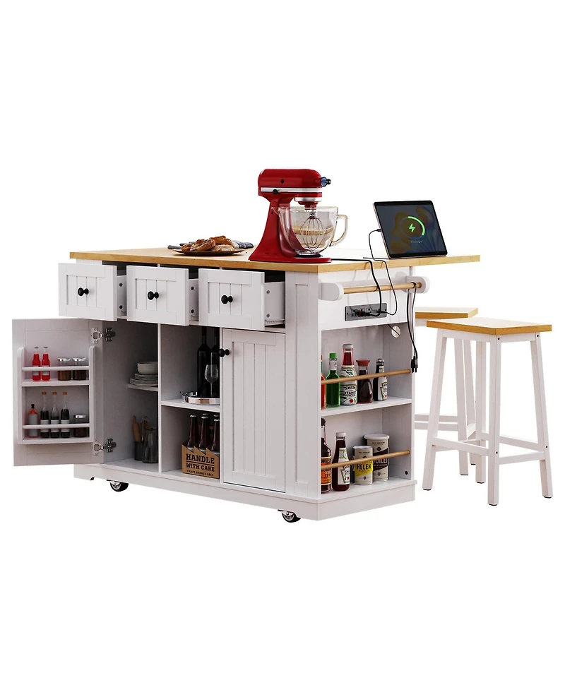 Flynama 53" White Kitchen Island with 2 Bar Stools and Power Outlet, Rolling Storage Cart on 5 Wheels