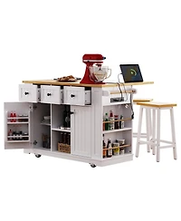 Flynama 53" White Kitchen Island with 2 Bar Stools and Power Outlet, Rolling Storage Cart on 5 Wheels