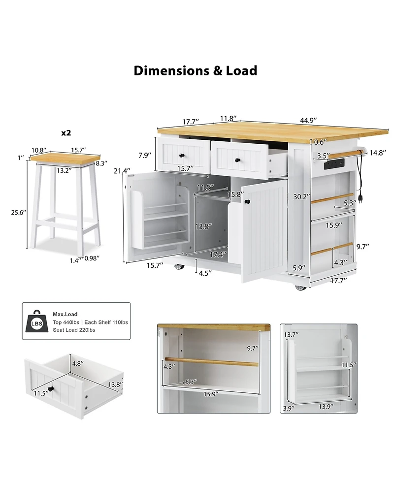 Flynama Kitchen Island with Bar Stools with 3 Cabinets, 2 Drawers, 1 Shelf with Casters Finish
