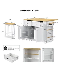 Flynama Kitchen Island with Bar Stools with 3 Cabinets, 2 Drawers, 1 Shelf with Casters Finish