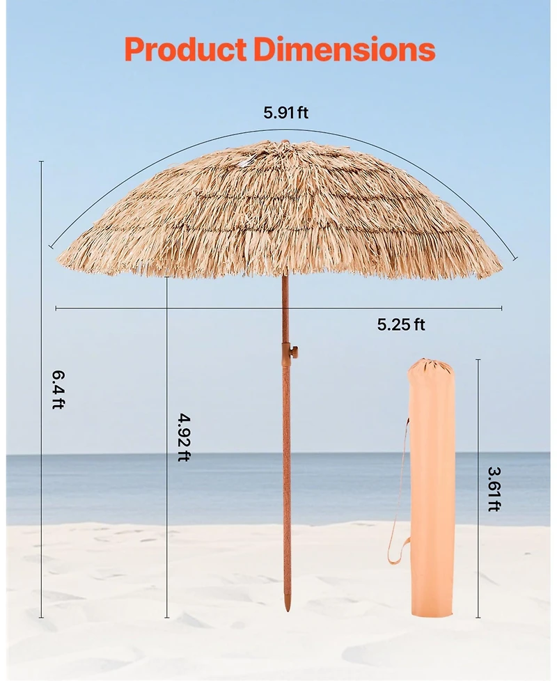 Gouun 6.5 ft Thatched Tiki Patio Umbrella with 30-Degree Tilt and 8 Metal Ribs
