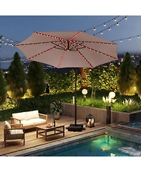 Gouun 10 ft Solar Offset Hanging Patio Umbrella with Base, 96 Led Lights and 360-Degree Rotation