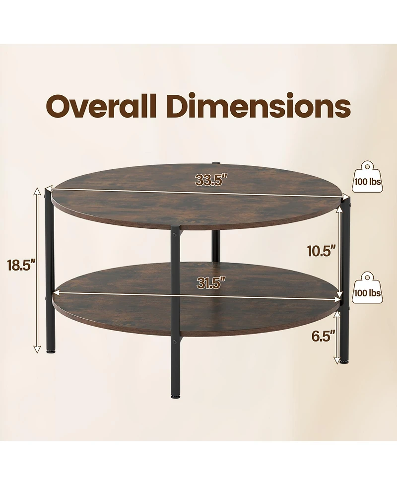 Gouun 33.5 in Round 2-Tier Industrial Coffee Table with Open Shelf and Metal Frame