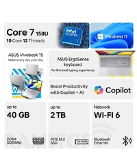 Asus Vivobook 15 15.6" Traditional Laptop Intel Core 7 40GB Ram Intel Graphics 2TB Ssd Storage Windows 11 Pro 60Hz