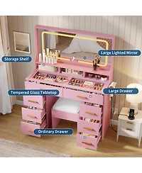 Homfan Makeup Vanity Desk Set with Large Lighted Mirror, 8 Drawers, 3 Storage Shelves, Glass Top, Stool, Built-in Power Outlet