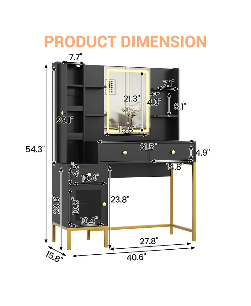 Homfan Modern Vanity Desk with Led Lighted Mirror - 3-Color Dimmable Lighting, Usb Charging Station, Hidden Jewelry Cabinet, Drawers and Shelves
