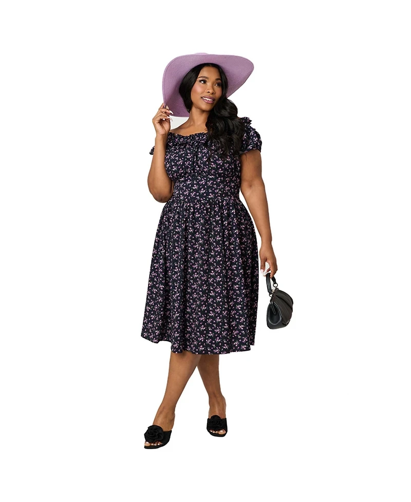 Unique Vintage Plus 1950s Off The Shoulder Ruffle Swing Dress