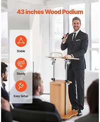 Gouun Wooden Podium with Lockable Wheels, Height Adjustable