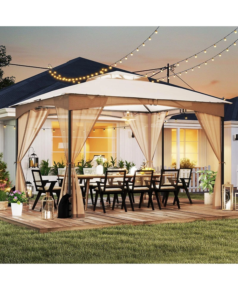 Gouun 10 x 12 ft Patio Gazebo with Netting Walls, Double-Tier Roof and 4 Sandbags