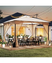 Gouun 10 x 12 ft Patio Gazebo with Netting Walls, Double-Tier Roof and 4 Sandbags