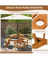 Sugift 6-Person Round Picnic Table Set with 3 Built-in Benches and Umbrella Hole