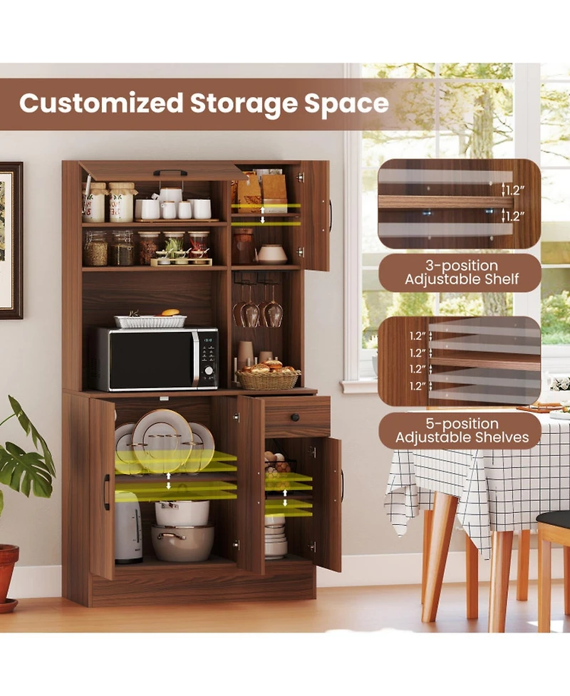 Gouun Kitchen Pantry Cabinet with Built-In Charging Station and Microwave Stand