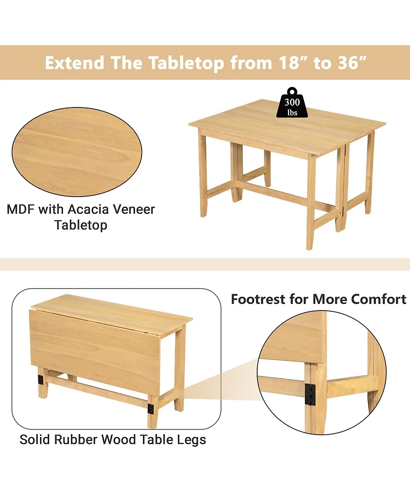 Rainsken Farmhouse Wood Kitchen Dining Table with Folding Drop Leaf, Space-Saving Extendable Table for Living Room