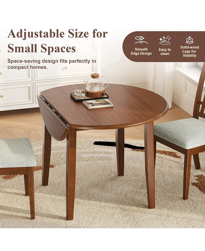Rainsken Extendable Round Dining Table for 2-4 People, Wooden Folding Drop Leaves with Adjustable Size Space-Saving Design for Dining Areas