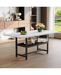 Rainsken 71" Rectangular Dining Table with Storage Shelf, Mdf Top and Metal Legs for Kitchen, Dining Room and Living Room