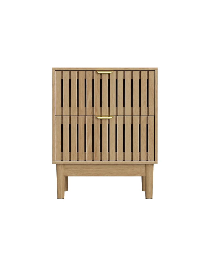 Rainsken Mid-Modern Style Nightstand Set of 2, Bedside Table with Grille Design and 2 Storage Drawers for Bedroom, Living Room