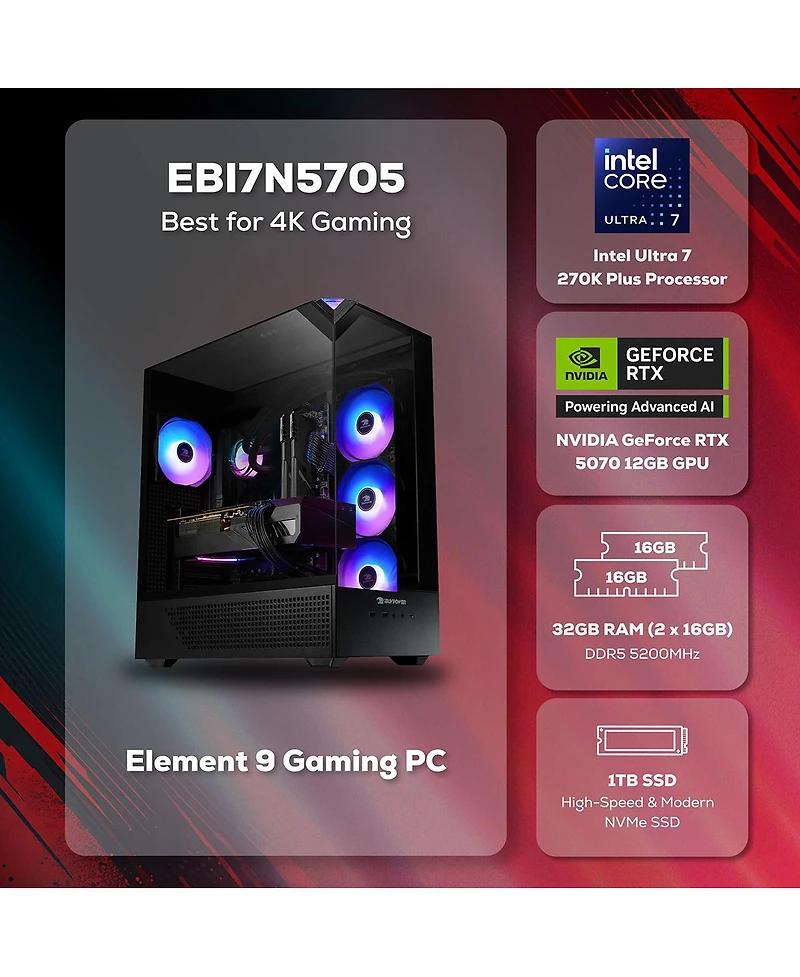 iBUYPOWER Element EBI7N5705 Liquid Cooled Gaming Desktop Computer, Intel Core Ultra 7 270K Plus 3.7GHz, 32GB Ram, 1TB Ssd, Nvidia GeForce Rtx 5070