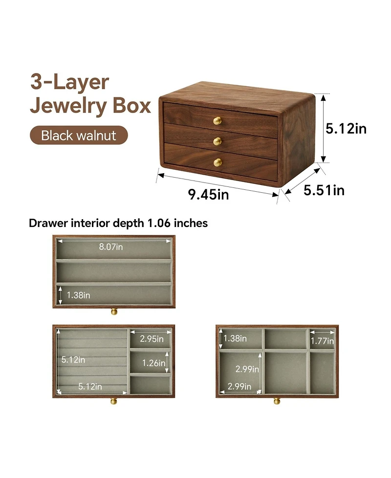 Yigii Solid Black Walnut Jewelry Organizer Box 3 Drawers Velvet Lined Brass Handles Large Storage