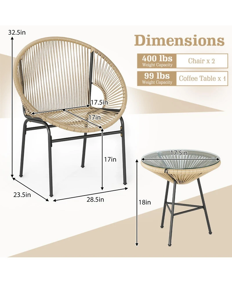 Sugift 3-Piece Patio Acapulco Bistro Set with Glass Table