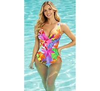 La Moda Clothing Women's Tropical Print Wrap V-Neck One-Piece Swimsuit with Side Tie Detail