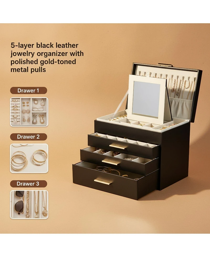 Yigii 5 Layer Jewelry Organizer Box with Necklace Hanger Drawers Earrings Bracelet Storage Gifts
