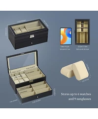 Yigii Leather 6 Watch Box 9 Eyeglasses Storage Lockable Organizer Two Levels Clear Glass Top