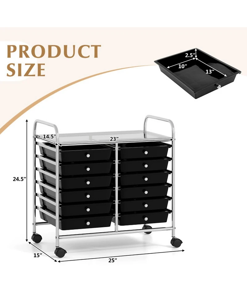 Gouun Steel-Frame 12-Drawer Rolling Organizer with Locking Casters for Home and Office