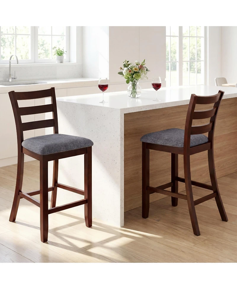 Gymax Bar Stools Set of 2 Upholstered Counter Height Barstools w/ Padded Seat Footrest and Backrest Farmhouse
