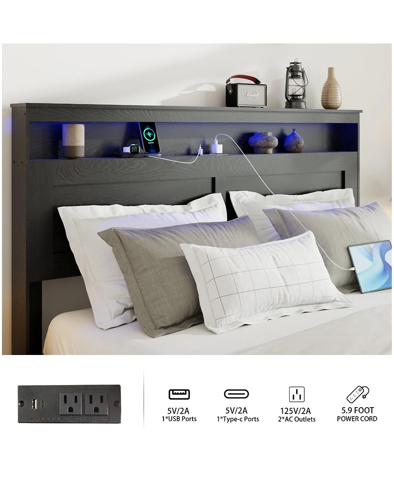 Lucky One Bed Frame King Size, Wood Platform Bed Frame with Storage Led Light Headboard and 2 Usb