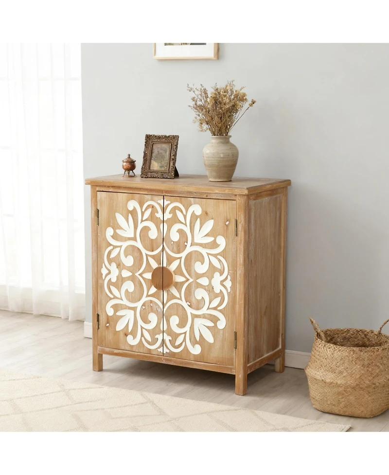 Flynama Rustic Wooden Accent Cabinet Floral Carved 2 Door Storage For Living Room Entryway