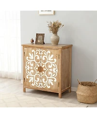 Flynama Rustic Wooden Accent Cabinet Floral Carved 2 Door Storage For Living Room Entryway