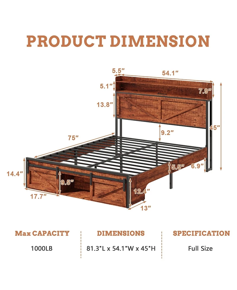 Lucky One Full Size Bed Frame with Storage Headboard and Led Lights