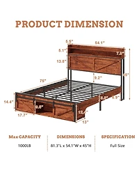 Lucky One Full Size Bed Frame with Storage Headboard and Led Lights