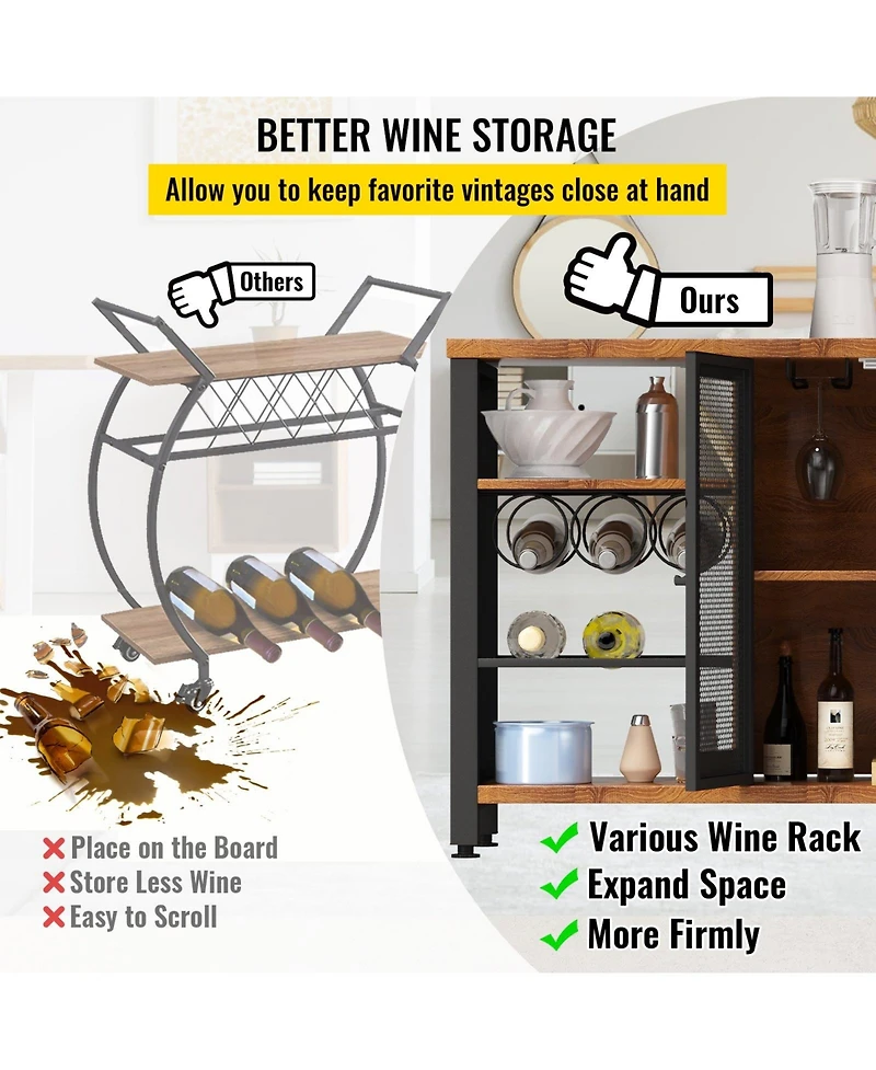 Gouun Industrial Bar Cabinet with Wine Racks and Glass Holders, Metal Mesh Door Sideboard