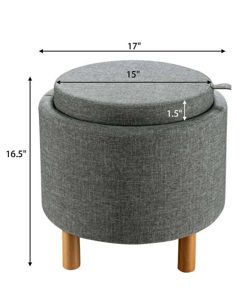 Gouun Round Fabric Storage Ottoman with Removable Tray Lid and Wood Legs
