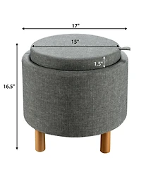 Gouun Round Fabric Storage Ottoman with Removable Tray Lid and Wood Legs
