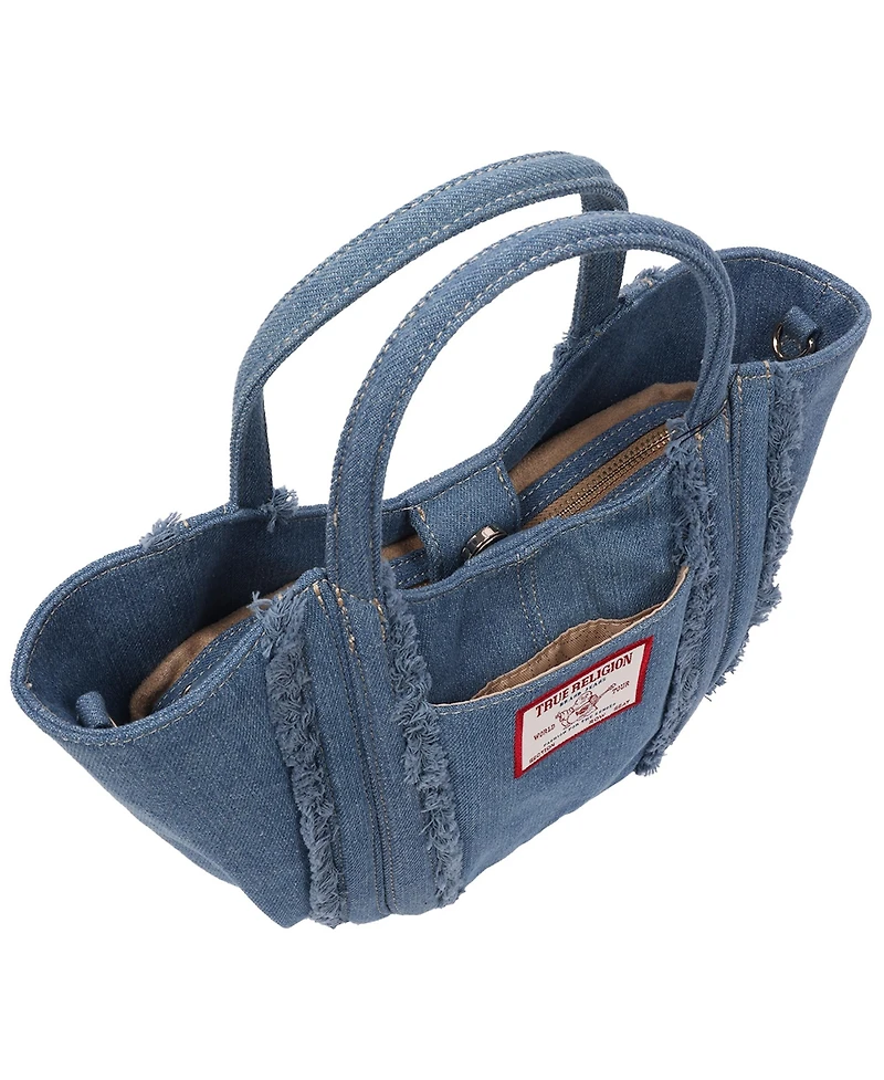 True Religion Atlas Frayed Medium Tote Bag – Denim Carryall with Removable Crossbody Strap