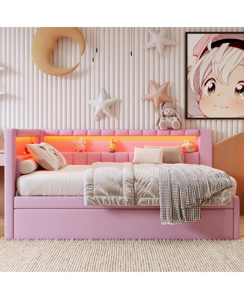 Rainsken Upholstered Daybed with Trundle, Built-in Usb Ports and Led, L-Shaped Day Bed, for Bedroom Living Room