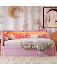 Rainsken Upholstered Daybed with Trundle, Built-in Usb Ports and Led, L-Shaped Day Bed, for Bedroom Living Room