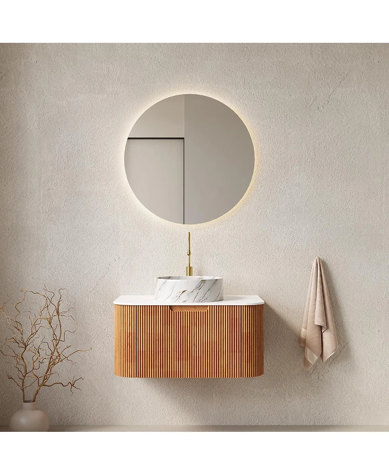 Sillysis Modern Bathroom Vanity with Stone Pattern Ceramic Basin, 3D Striped Wood Drawer, Wall Mounted Storage Cabinet