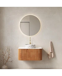 Sillysis Modern Bathroom Vanity with Stone Pattern Ceramic Basin, 3D Striped Wood Drawer, Wall Mounted Storage Cabinet