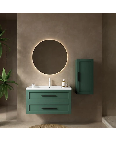 Sillysis 36 Inch Modern Bathroom Vanity with Ceramic Integrated Sink, Double Soft Close Drawers, Wall Mounted Storage Cabinet